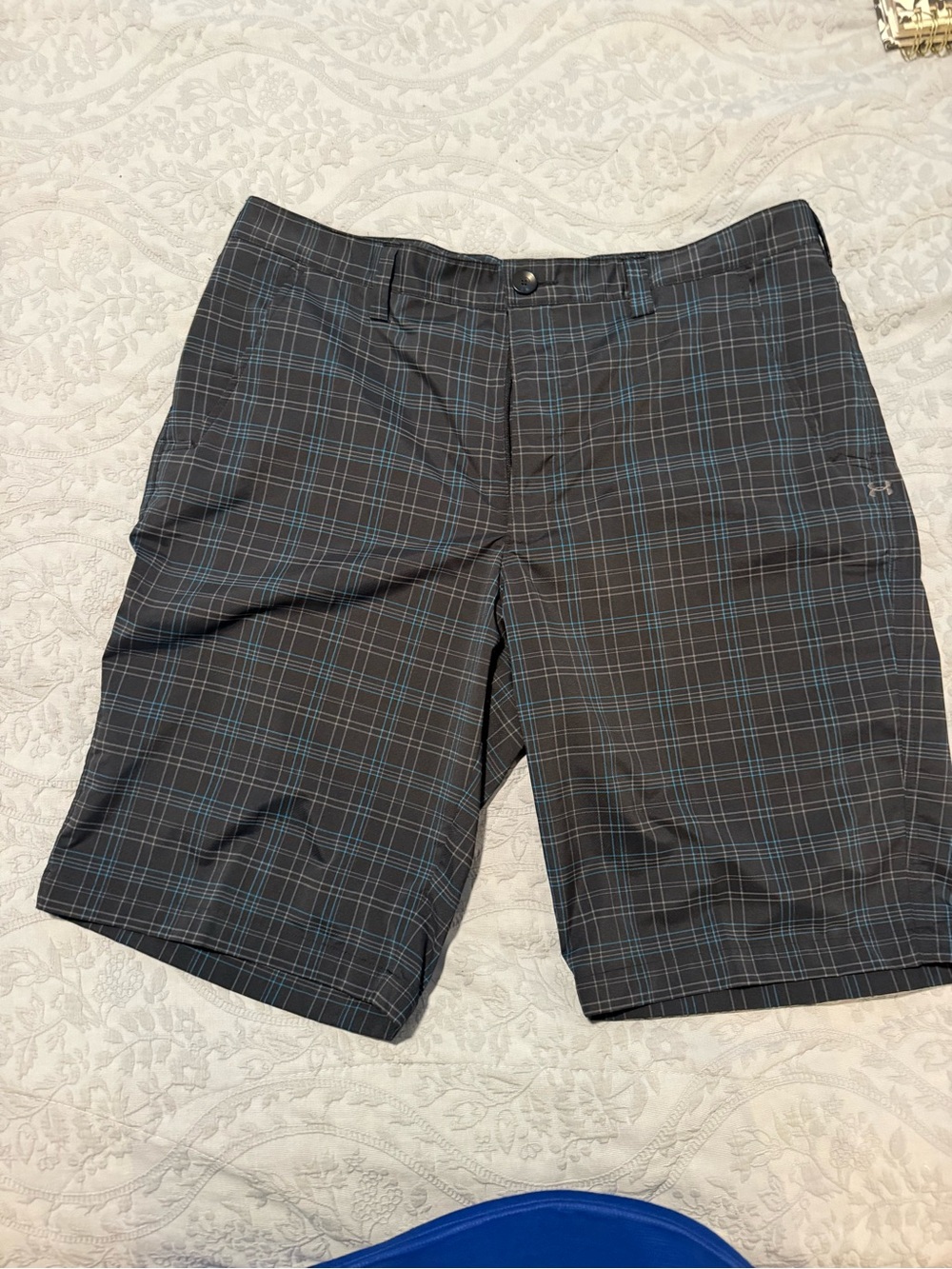 Under Armour Men's Black Plaid Shorts with Blue Grid